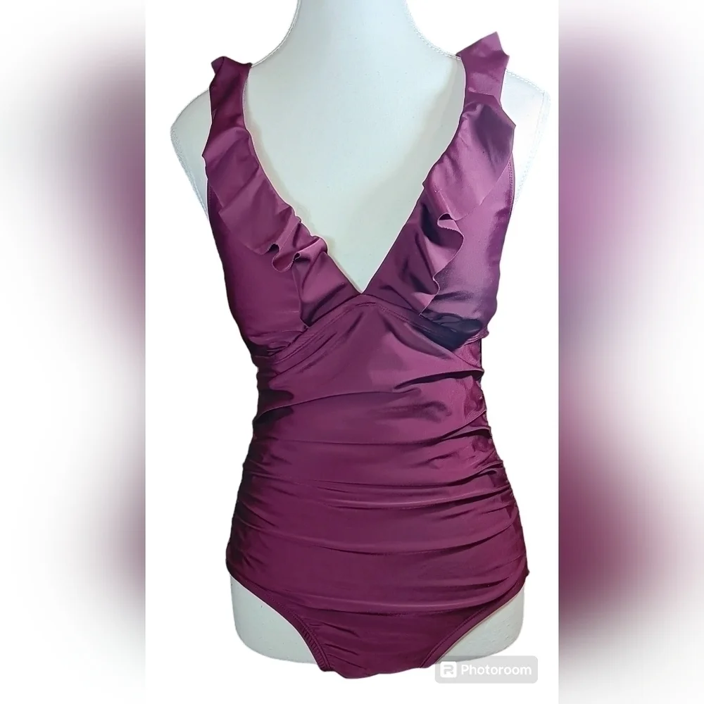 Women's Size M Ruffle One Piece Swimsuit - Kona Sol - Burgundy - 😍 - Picture 1 of 6